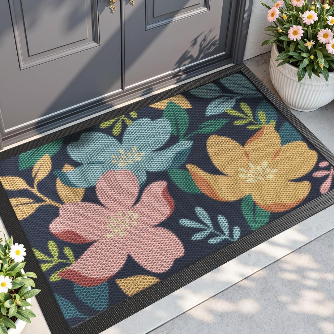 DEXI Front Door Mat Outside Entrance, Spring Welcome Entryway Doormat Dirt Trapper, Heavy Duty Non Slip Large Entry Mats for Patio Garage Porch Home Decorative, 3x5, Colorful Floral