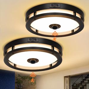 Outdoor Motion Sensor Flush Mount Ceiling Light, LED Outdoor Ceiling Light Fixture 2 Pack, 12" Dusk to Dawn Porch Ceiling Light, Black Modern Exterior Light for Farmhouse Garage Hallway Entry