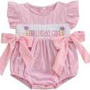 Xiaodriceee Newborn Baby Girl Half First Birthday Outfit Smocked Bubble Romper Fly Sleeve Bodysuit Cake Smash Outfit (12-18M)