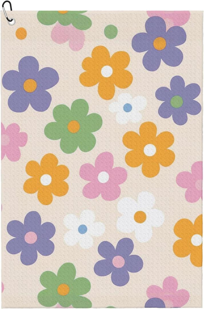 Cute Floral Golf Towel with Carabiner Clip 24"x16" Flower Ladies Golf Towels for Golf Bags Microfiber Waffle Golf Rag for Disc Balls Clubs Accessories for Women Men Girls