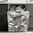 Embossed Silver Flower Magnetic Dishwasher Cover 23x26 Crystal Jeweled Center, Reusable Refrigerator Door Panel Decal, No Adhesive Wrap to Hide Scratches Dents, Kitchen Decor
