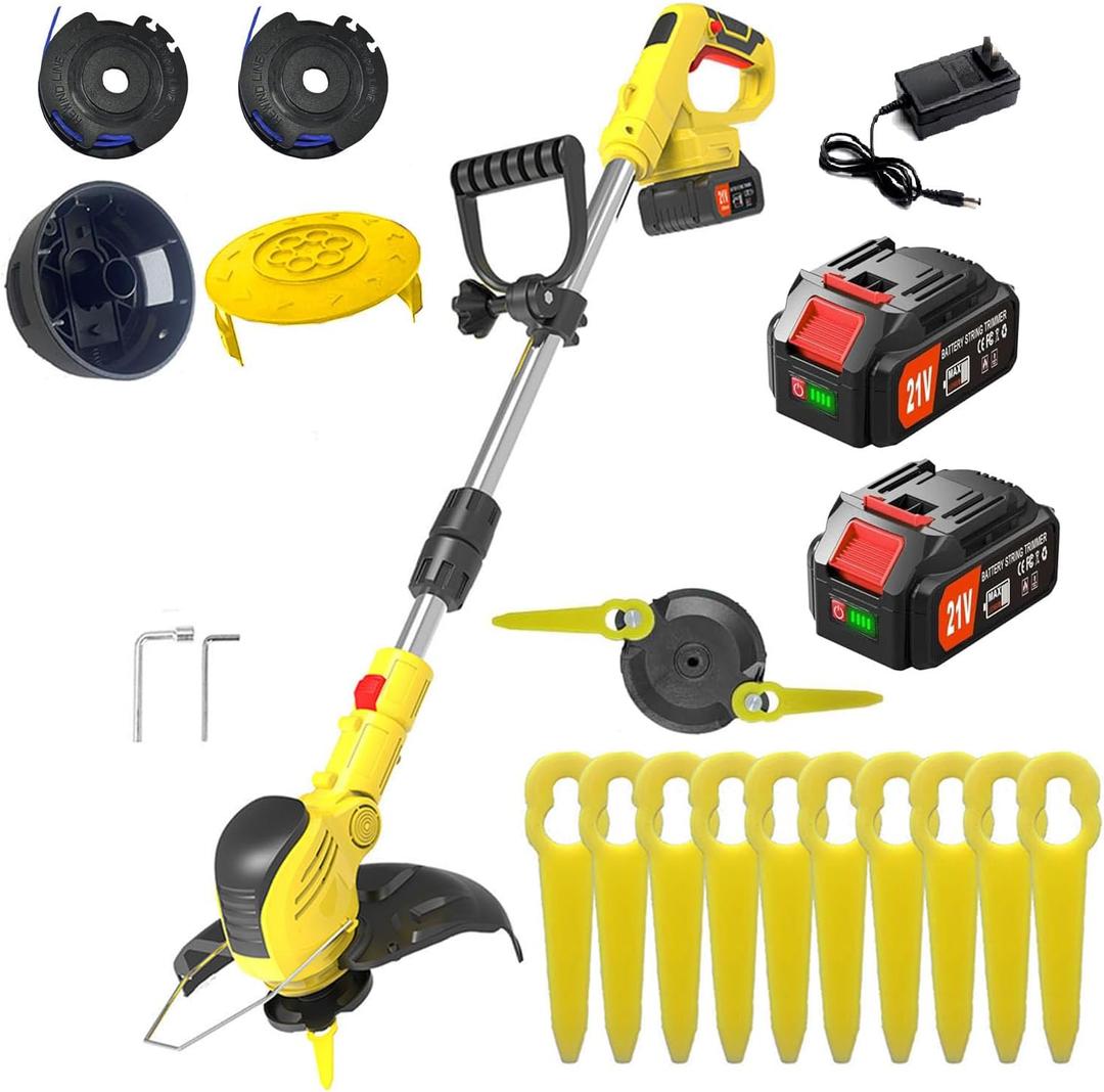 21V Cordless String Trimmer with 1XFast Charger,2 X Battery, 2 Pcs Grass Cutter Spool Line,Electric Weed Wacker/Edger with Auto Line Feed for Landscaping