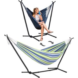 SUNCREAT 2-in-1 Convertible Backyard Fabric Hammock with Stand, Large Hammocks for Outside, Patented, Light Green Stripes