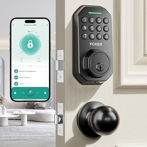 VCHOO Keyless Entry Door Lock with Handle, App Control Door Locks for Front Door, Auto Lock Keypad Door Lock with Handle, Smart Door Lock for Home Hotel Bedroom with 2 Door Knobs