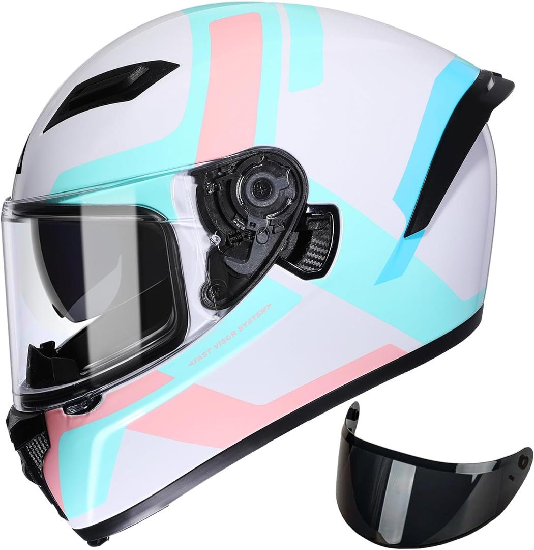 TRIANGLE Motorcycle Helmets Full face Helmet for Adults Men and Women Dual Visor with Internal Sunshield DOT Approved (Large, Glossy Pink)