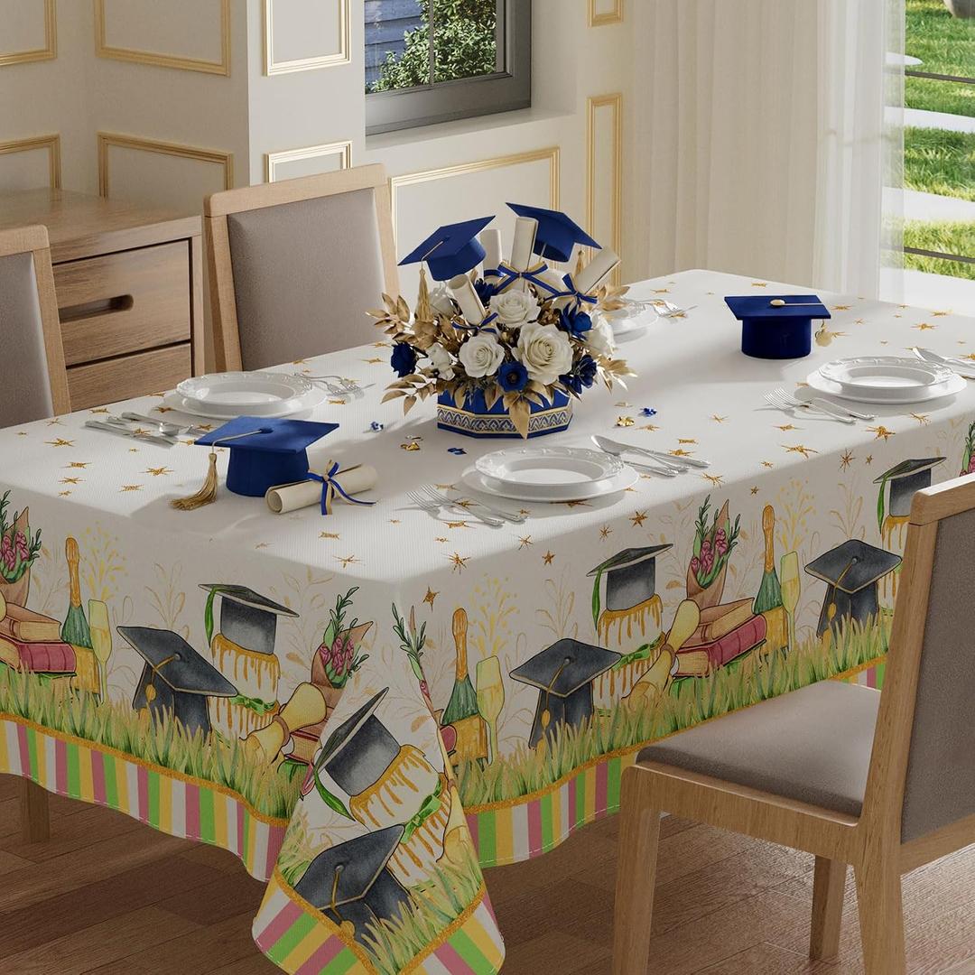XCHI Stripe Grass Grad Cap Book Stars Graduation Tablecloth Rectangle Table Cloth Table Covers for Indoor Dining Home Party Decorations 60x104 Inch