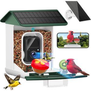 Smart Bird Feeder with Camera-AI Identify 11,000+ Species, 2K HD Auto Capture Birds Video & 64G TF Card, Solar-Powered Wireless Outdoor Design, Birdhouse with Built-in Two-Way Microphone (Green)