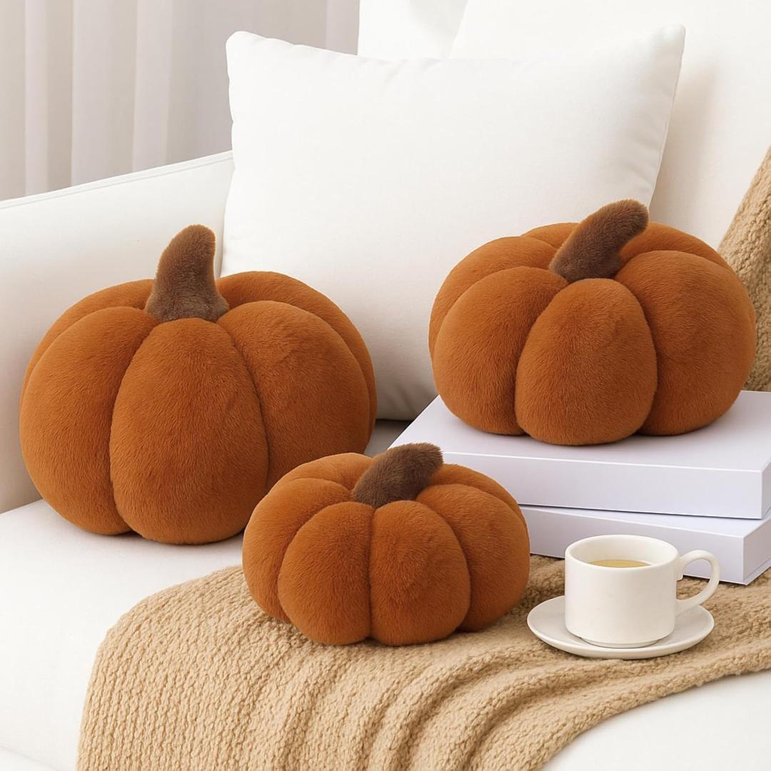 Wonderjune 3 Pcs Pumpkin Pillows Modern Fall Home Decorative Plush 3D Pumpkin Shaped Pillows Rustic Farmhouse Cushion for Halloween Thanksgiving Autumn Home Sofa Couch Bed Decor Gift(Classic Color)