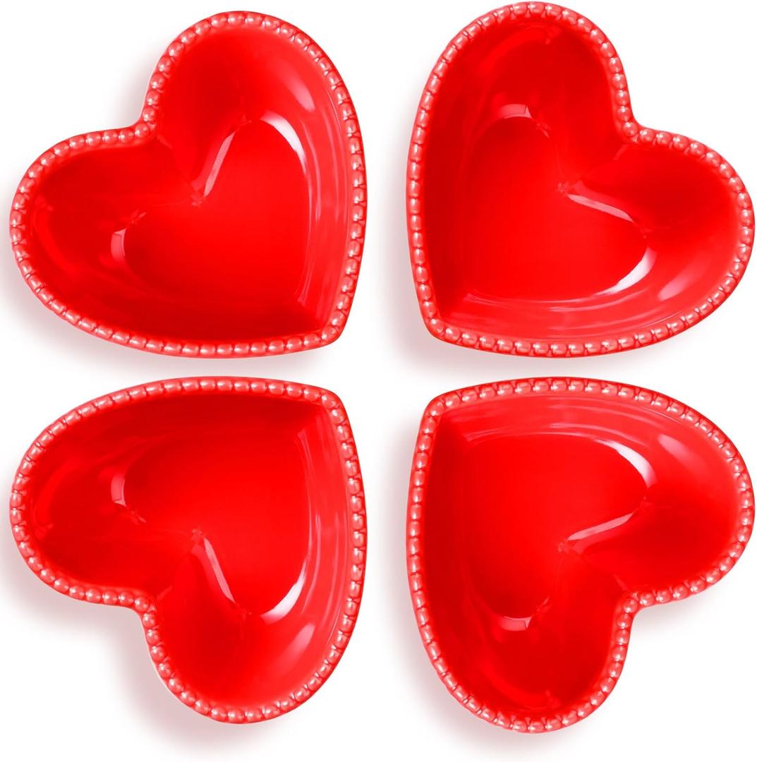 Sumind 4 Pack Valentine Heart Shaped Bowl Cute Ceramic Bowl Red Candy Dish Heart Shaped Plates for Home Fruit Salad Soup Cereal Snacks Dessert Pudding Kitchen Household Cooking Gifts(4.5 x 3.7 Inch)