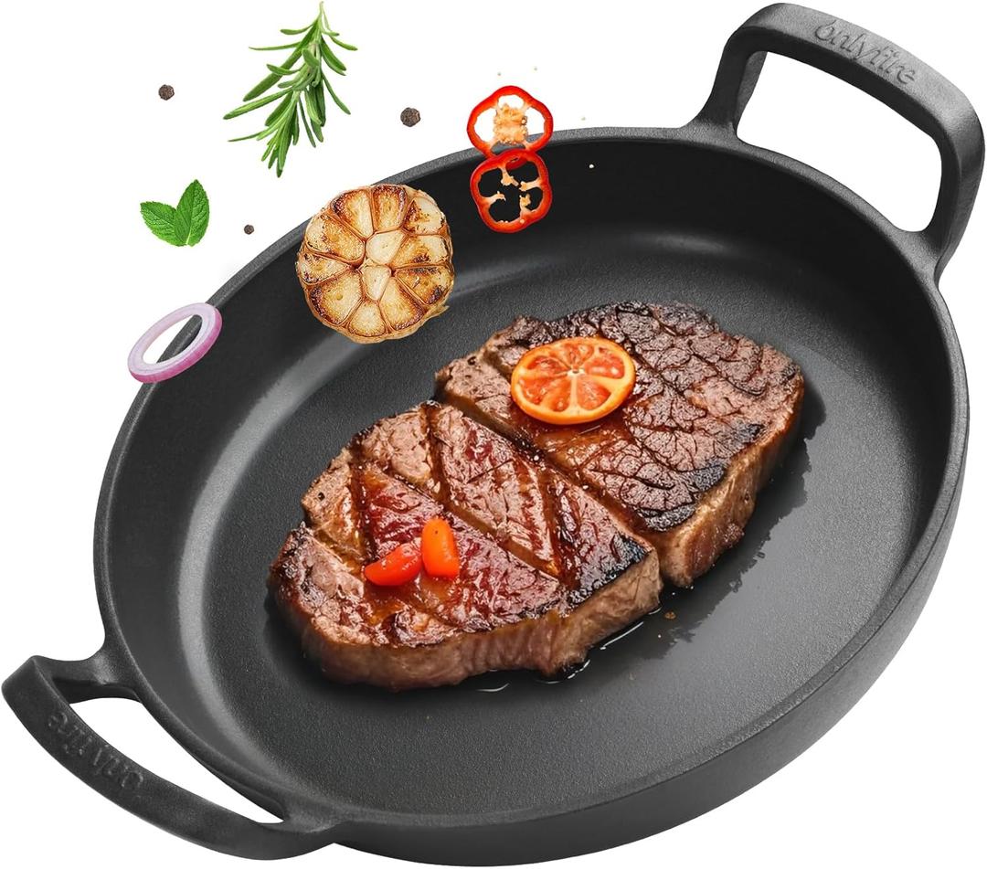 Onlyfire Pre-Seasoned Cast Iron Skillet, Round Frying Pan with Nonstick Grill Surface and Dual Handles, 10 Inch Cast Iron Pan - Compatible With All Stovetops - Oven Safe & Rust Resistant