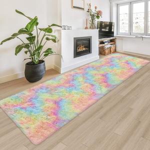 Fluffy Rainbow Rug for Girls Bedroom 2x8 Feet Kawaii Tie Dye Area Rug Colorful Unicorn Runner Rug for Kids Teens Nursery Baby Princess Room Living Room Home Decor Carpets (Tie-dyed Rainbow)