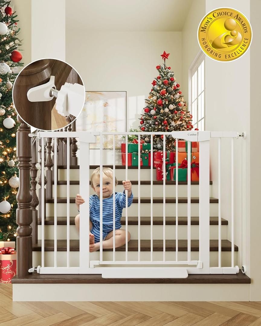 Cumbor 29.7x46" Baby Gate for Stairs, Toddler Safety Essentials for The House, Auto Close Dog Gate for Doorways, Mom's Choice Awards Winner-Easy Install Pressure Mounted Pet Gates for Dogs, White