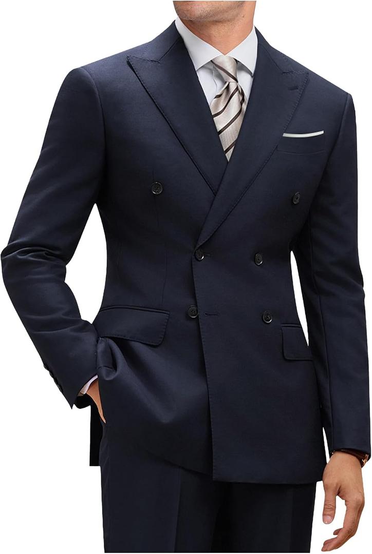 Mens Double Breasted Suit Slim Fit Solid Suit Jacket and Dress Pants 2 Piece Set Prom Wedding Suits for Men Small
