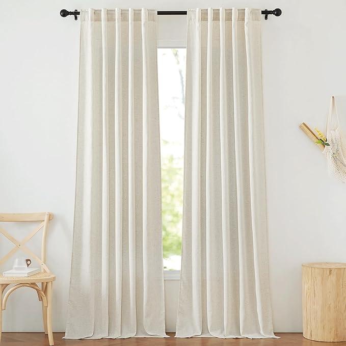 NICETOWN Flax Linen Living Room Curtains, Rod Pocket & Back Tab Semi Sheer Linen Drapes Privacy Added with Light Filtering for Bedroom/Living Room, Natural, 2 Panels 40×84" 