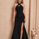 Women Bodycon Maxi Dress High Slit Halter Tie Ruched Long Formal Cocktail Wedding Guest Dresses (Black, XL)
