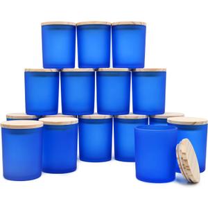 SHOWIN Thick Candle Jars for Making Candles 16 Pcs, 7 OZ Empty Jars with Wood Lids for Candle Making, Sample Container, Frosted Blue