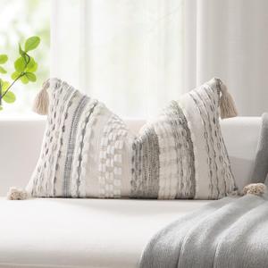 Kevin Textile Spring 12x24 Inch Lumbar Throw Pillow Cover 1 Pack Boho Decorative Soft Chenille Thread Woven Tufted Textured Rectangle Cushion Case Accent for Living Room Couch Sofa Bed, Grey