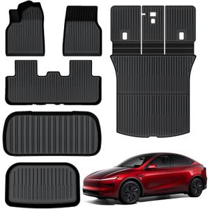 AUXKO All Weather Floor Mats for 2025 Tesla New Model Y Cargo Mat with Backrest Mat & Front Trunk Liner & Rear Cargo Mat Car Full Set TPE Liners Accessories All Season Guard Odorless Anti-Slip Mats