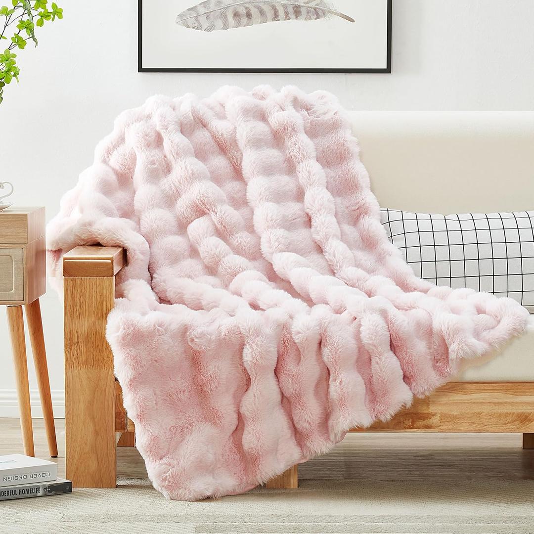 JONIYEAR Decorative Pink Bubble Faux Rabbit Faux Fur Throw Blanket 50" x 60", Super Soft Double Sided Cozy Accent Puffy Warm Furry Blankets for Winter, Lovely Cute Washable Fuzzy Blanket for Women Girl (Pink - 900 Gsm)