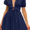 Women's Cute Summer Short Puff Sleeve Tie Cotton Mini Dress (Small, Navy)
