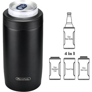 Morefeel 4-in-1 Skinny Can Cooler Double Wall Stainless Steel Insulated Can Holder, Works With 12 Oz Slim Can,Standard Cans,Beer Bottles & As Pint Cups( Black)