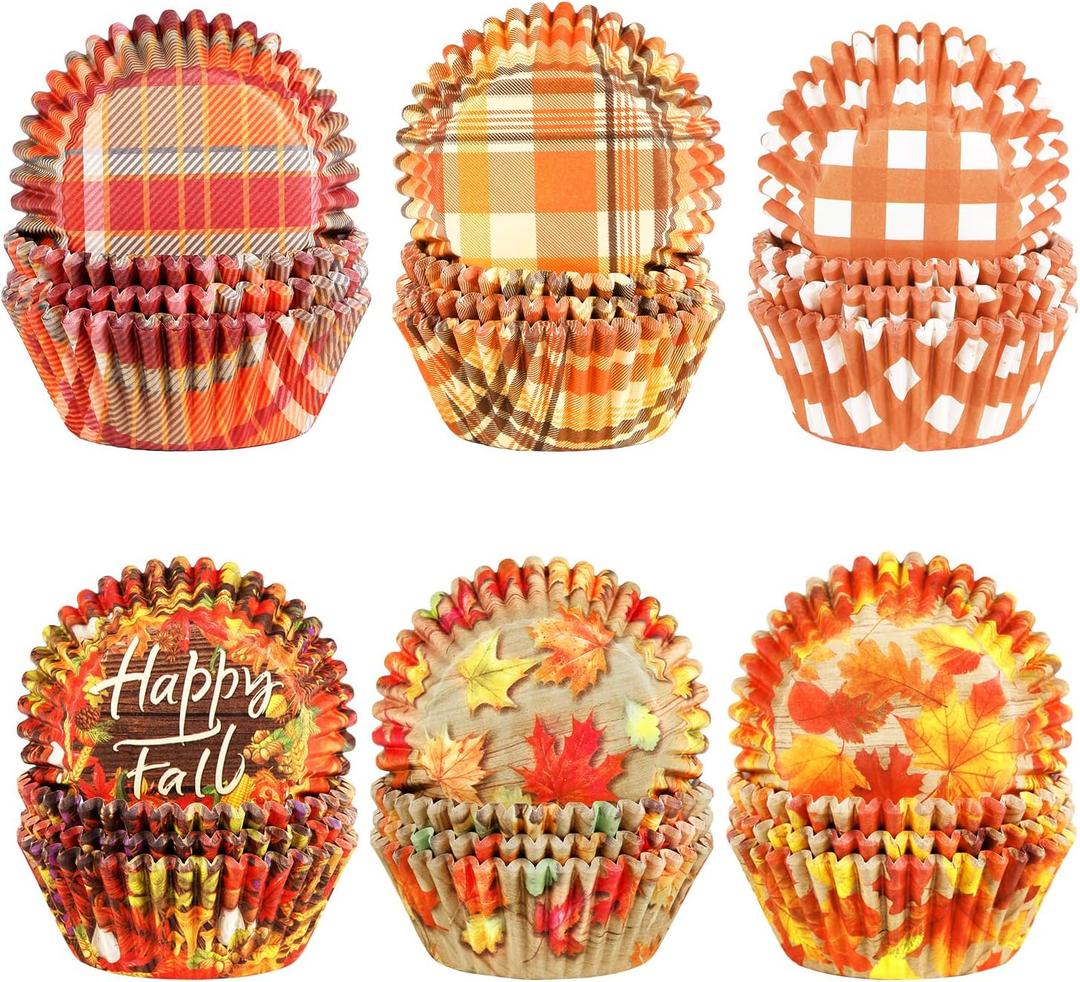 Quera 600 Counts Thanksgiving & Fall Themed Cupcake Liners - Pumpkin, Maple Leaf & Plaid Designs - Disposable Paper Baking Cups