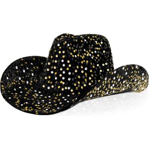 Quescu Cowgirl Hat for Women Western Style Sequins Cowboy Hats for Disco Crystal Hat for Carnival Wedding Costume Party (Black Gold)