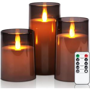 Homemory Realistic Flickering Flameless Candles Battery Operated, LED Fake Electric Candles with Remote Control and Timer for Home, Christmas Decoration, Grey, Set of 3 (D3"xH4"5"6", Gray)