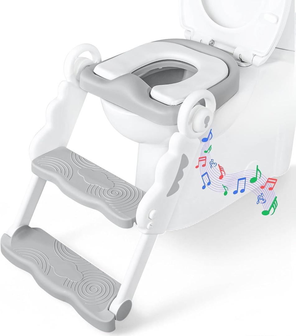 bebeleh Musical & Sound Toddler Potty Training Seat w/Step Stool Ladder - Collapsible & Adjustable Toilet, Pre Assembled Toddler Toilet Seat w/Music & Sounds - Splash Guard & Anti-Slip Steps - Gray