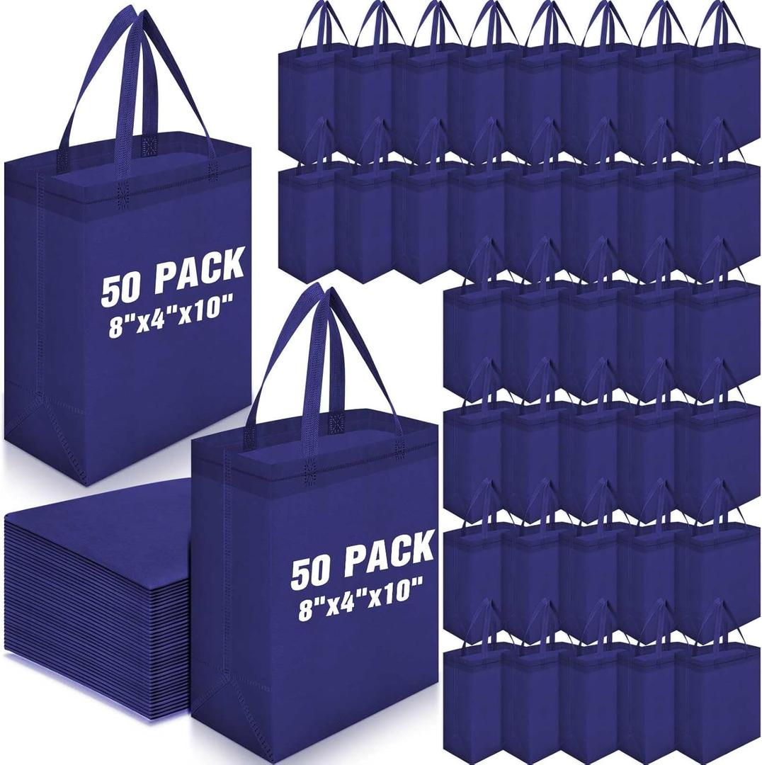 Windyun 50 Pcs Reusable Tote Bag Bulk 8 x 4 x 10 Inch Non Woven Shopping Bag with Handle Christmas Reusable Grocery Gift Tote (Navy Blue)