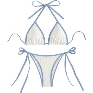 GORGLITTER Women's Contrast Binding Triangle Bathing Suit Halter Swimsuit Tie Side Thong Bikini Set, S, Whit