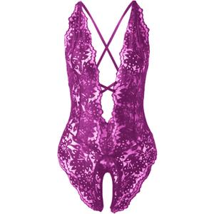 SOLY HUX Women's One Piece Lingerie Sexy Lace Babydoll Deep V Teddy Criss Cross Backless Teddy Mini Bodysuit, Medium