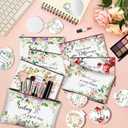 40 Pcs Floral Inspirational Gifts Canvas Makeup Bags with Compact Mirrors Cosmetic Bags Thank You Pouch Bulk for Mothers Day Church Women Teacher Coworker Employee Gifts