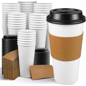 Ginkgo 100 Pack 20 oz Disposable Paper Coffee Cups with Lids and Sleeves, To Go Hot Coffee Cups for Hot Chocolate, Cocoa, Tea and Drinks