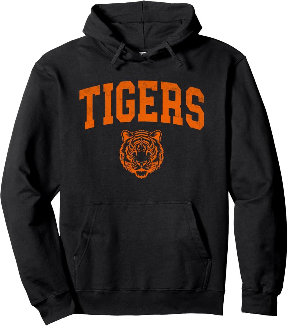 Retro Tigers School Sports Name for Men Women Kids Pullover Hoodie (Black)