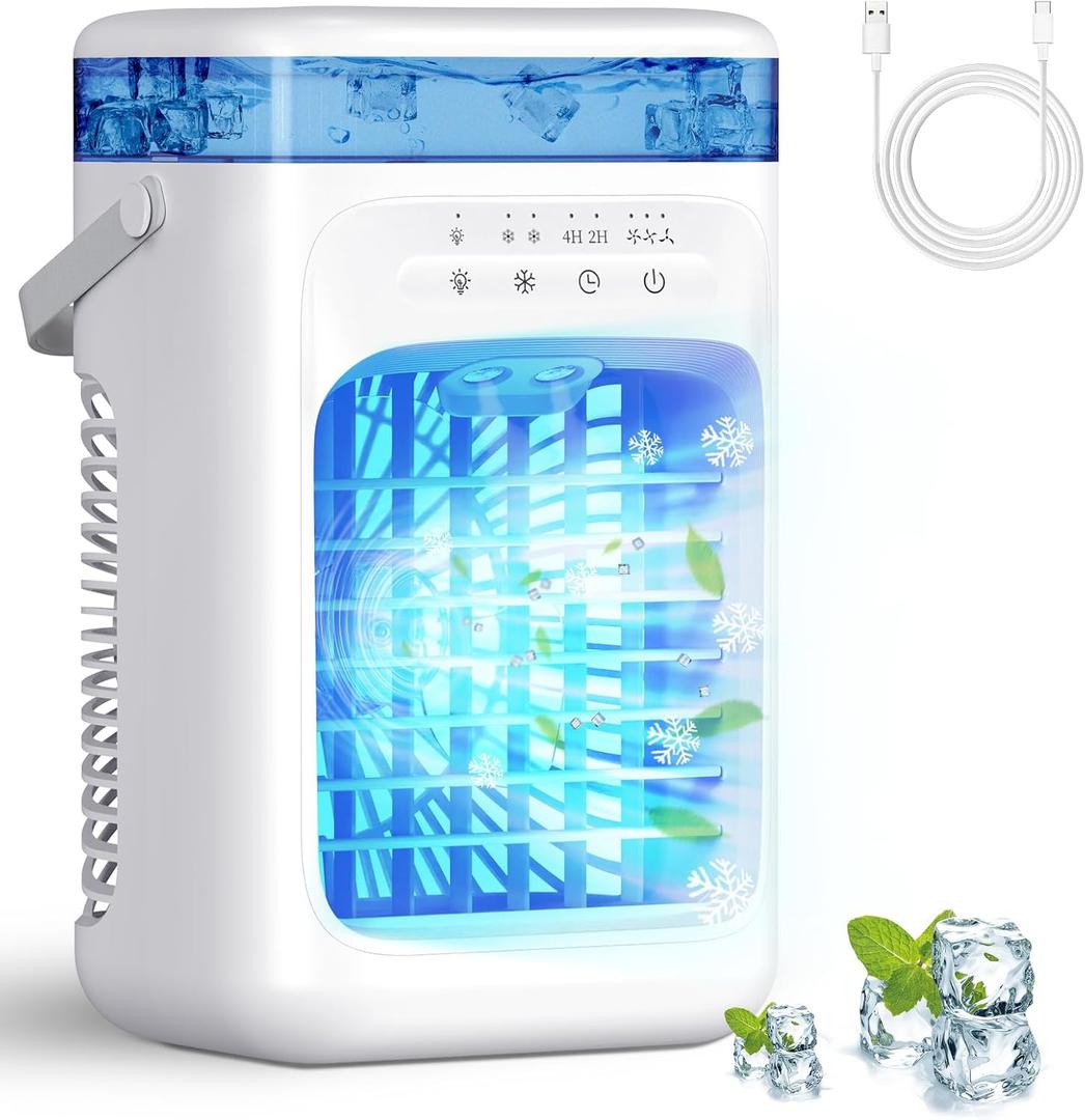 Portable Air Conditioners,Portable AC Unit with 3 Speed 2 Mist Modes Rapid Cooling,Mini Air Conditioner with 1000ML Water Tank 2/4H Timer LED Lights,Cooling AC Fan for Bedroom Office Camping Car RV
