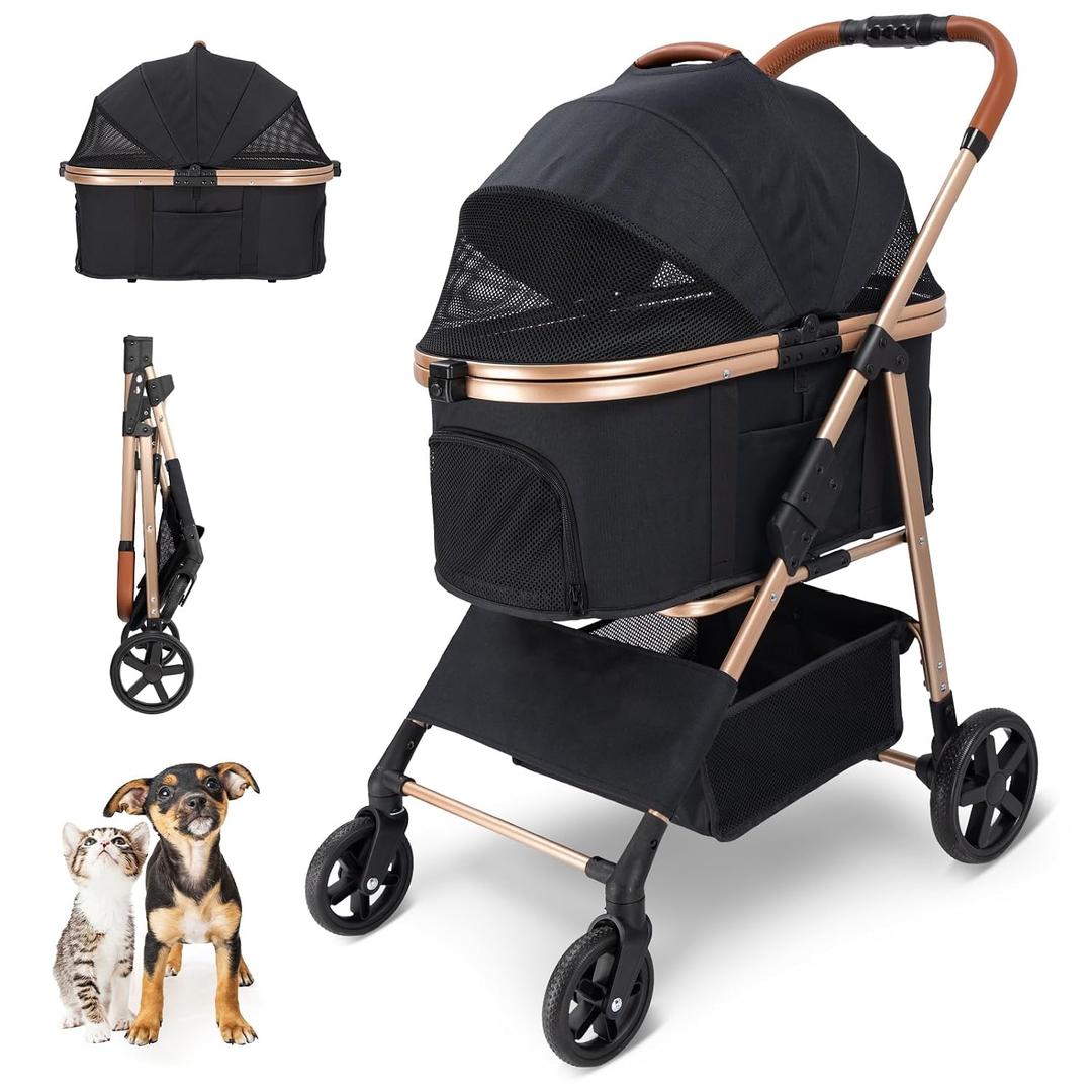 Pet Stroller for Small/Medium Dogs & Cats, No-Zip Foldable Dog Stroller with Detachable Carrier, Cup Holder and Storage Basket, One-Click Fold, One-Foot Brake, 37 lbs Capacity, Black