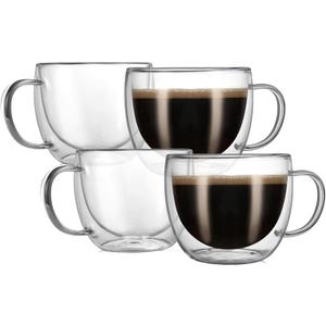 CNGLASS 8oz Double Wall Glass Coffee Mugs,Clear Insulated Espresso Glass Mugs with Handle for Latte,Cappuccino,Coffee,Set of 4