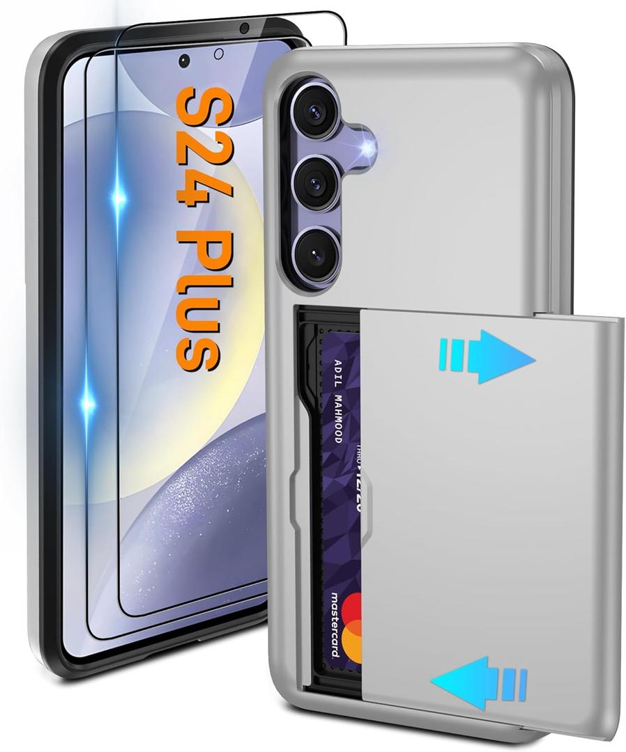 Pilaru for Samsung Galaxy S24 Plus Case with Card Holder and (2 Pcs) HD Screen Protector, Slim Heavy Duty Dual Layer Shockproof Design & Hidden Card Slot Wallet Case for Galaxy S24 Plus-Grey