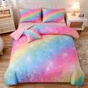 6 Pieces Pink Twin Comforter Set for Girls,Kids Glitter Galaxy Rainbow Bedding Sets Bed in A Bag (1 Comforter, 1 Flat Sheet,1 Fitted Sheet,2 Pillowcases and 1 Cushion Cover)
