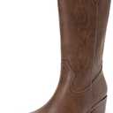 DREAM PAIRS Women's Square Toe Cowboy Cowgirl Boots Embroidered Mid Calf Western Boots Fashion Dress Low Chunky Heel Boots for Theme Party Country Concert (7, Brown-pu)
