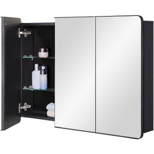 IDYLLOR Bathroom Mirror Medicine Cabinet with Round Corner Framed Door 36 x 26 inch, BlackRecessed or Surface Mount, with Adjustable Glass Shelves
