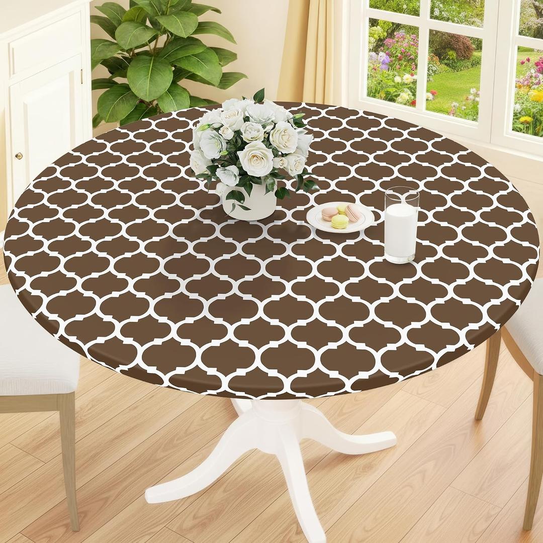 Smiry Round Picnic Tablecloth, Waterproof Elastic Fitted Table Covers for 57" - 68" Tables, Wipeable Flannel Backed Vinyl Tablecloths for Camping, Indoor, Outdoor, Brown & White