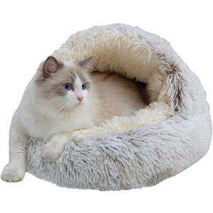 Calming Round Dog Beds &Cat Cave Bed with Hooded Cover,Plush Fluffy Dog Bed Anti-Anxiety Cat Cave Bed,Waterproof Bottom Washable (Coffee, 25.6X 25.6inch)