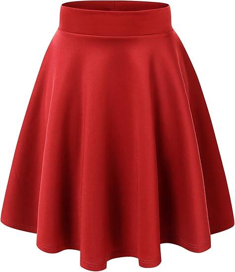 Women's Plus Size Midi Skater Skirt- Basic Versatile Stretchy Flared Casual High Waisted A-line Knee Length Skirt with Shorts Red, XL