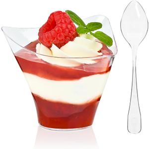 TOFLEN 50 Pack 4 oz Plastic Dessert Cups with Spoons, Irregular Triangular Mini Dessert Bowls for Party Trifle, Yogurt Parfait, Pudding, Appetizers, Mini Dessert Shot Glasses for Tasting