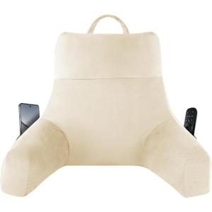 IPYNBAP Reading Pillow with Arms for Adult, Back Pillow for Bed Sitting Up, Shredded Memory Foam Backrest Pillow with Pockets & Removable Washable Cover, Lounging, Watching TV, Reading(20" Beige)
