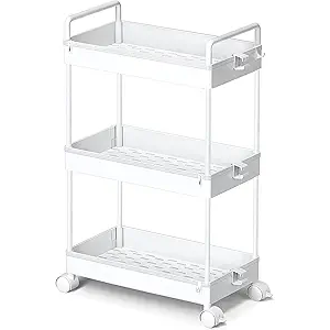 Ronlap 3 Tier Slim Rolling Storage Cart with Wheels Plastic Utility Cart Organizer for Snack Craft Art Postpartum Baby Diaper Nail Makeup in Bathroom Laundry Room Kitchen Bedside Narrow Space, White