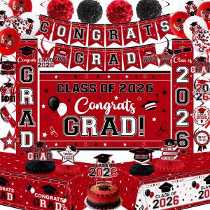 2 x Graduation Decorations 2026 Red Class of 2026 Congrats Grad Backdrop Door Banner Tablecloth Balloons Cake Topper Honeycombs Hanging Swirls for Graduation Party and High School College Celebrations