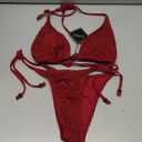 ZAFUL Women's Bikini Set Fishnet Triangle Tie Convertible Collar Halter Bandeau Shell Two Piece Bathing Suit (Wine) Small